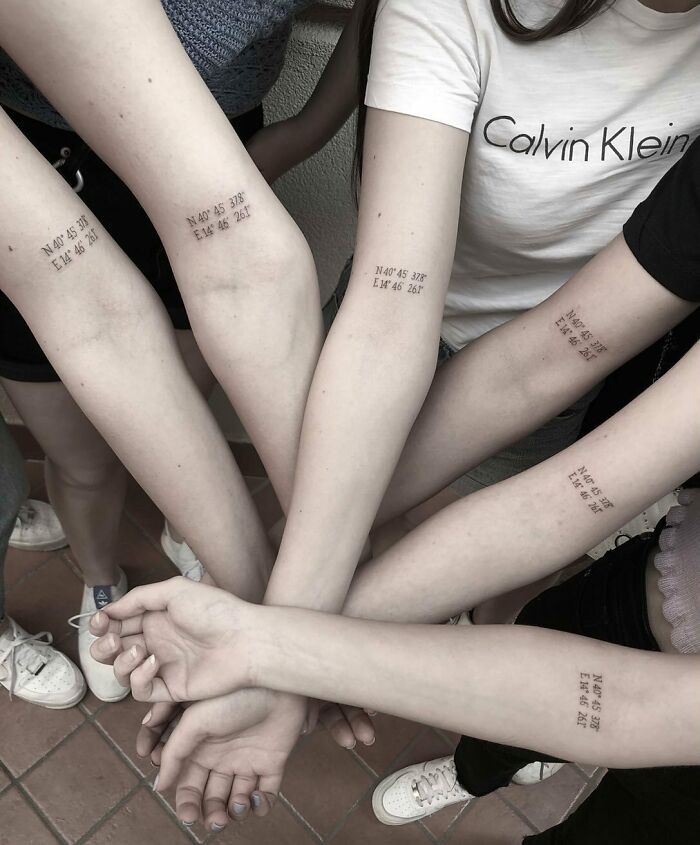 Arms with matching coordinate tattoos symbolizing unbreakable family bonds.