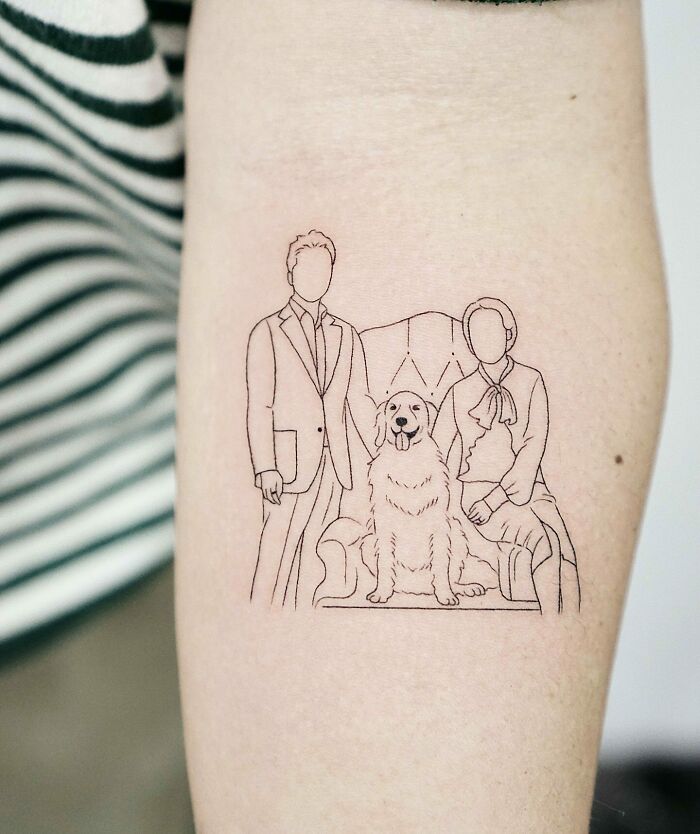 Minimalist family tattoo design with two figures and a dog, symbolizing unbreakable bonds.