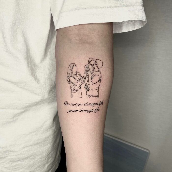 Family tattoo featuring a couple holding a baby, symbolizing unbreakable bonds with a quote about growth.