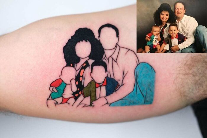 Tattoo depicting a family photo, symbolizing unbreakable family bonds.