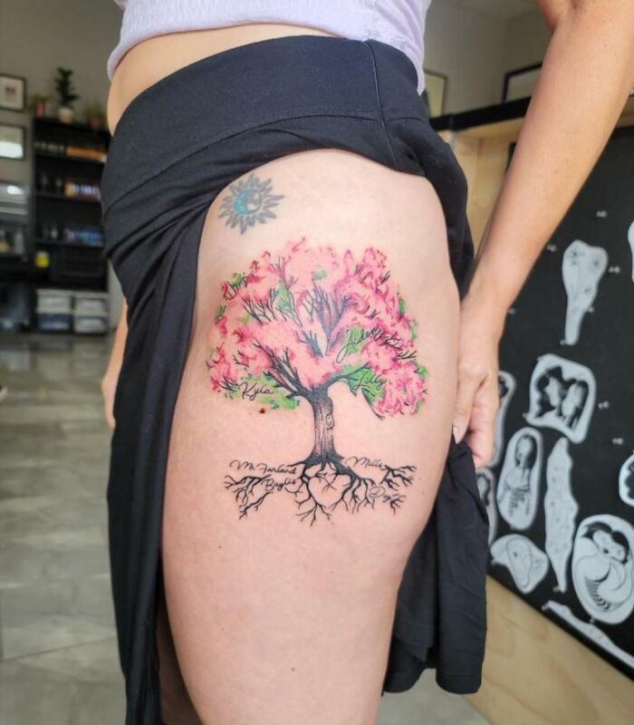 Tattoo of a colorful family tree on a woman's thigh, symbolizing family bonds.