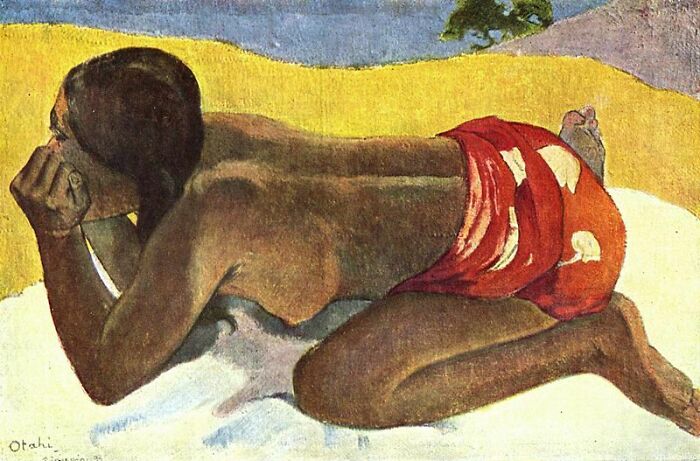 Otahi by Paul Gauguin, 1893, oil painting features a Tahitian woman lying down on the ground