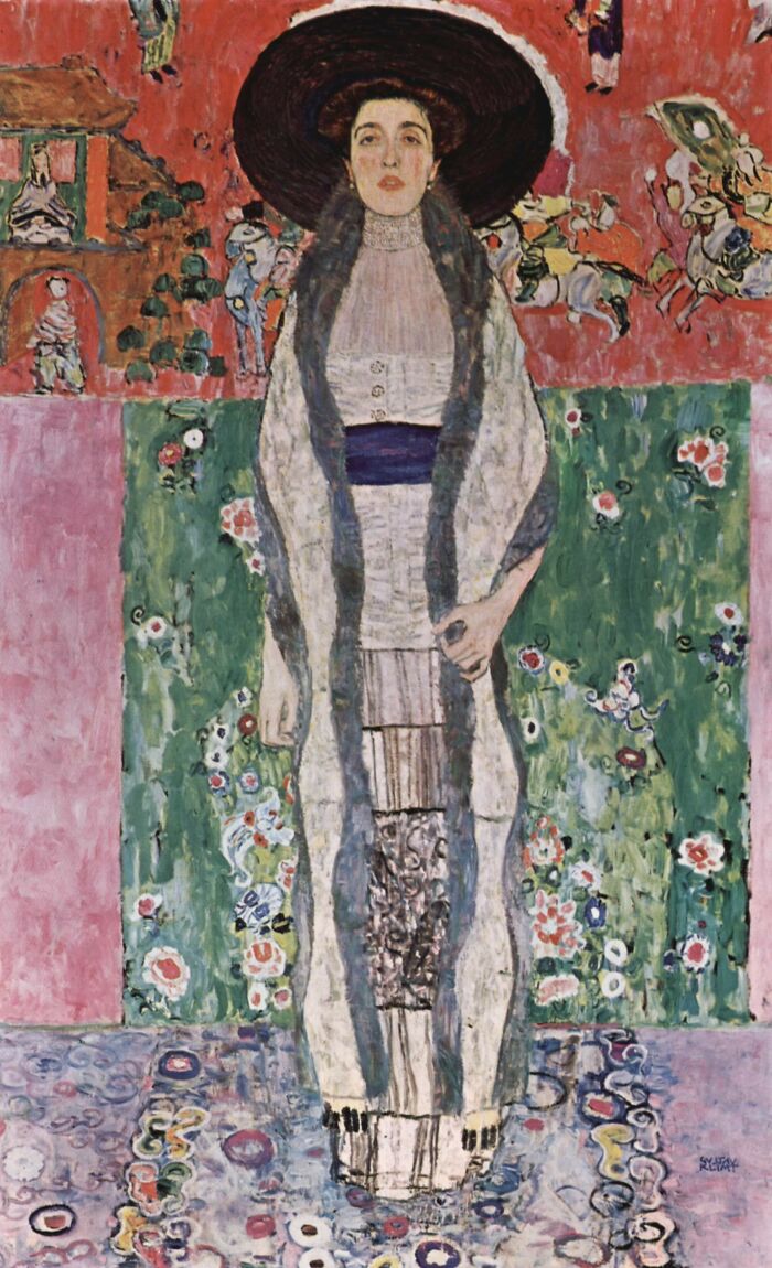 Portrait of Adele Bloch-Bauer II by Gustav Klimt, 1912, oil painting features a woman in dress and large black round hat