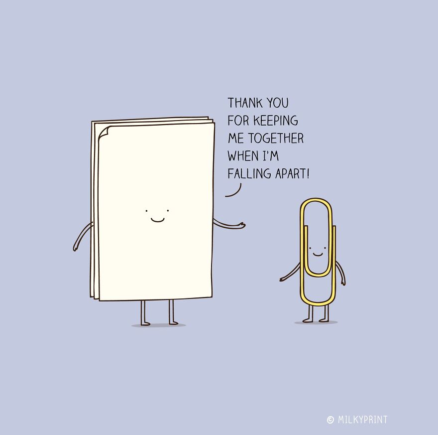 Wholesome illustration of smiling paper and paperclip as gentle reminders to be thankful for the small things in life.