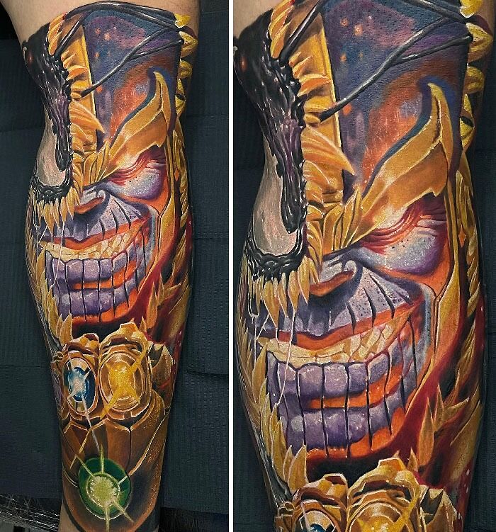 Marvel tattoo of Thanos with Infinity Stones, showcasing vibrant colors and detailed artistry on a person's leg.