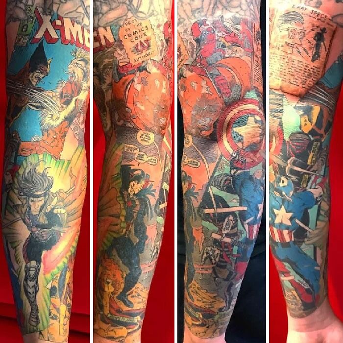Marvel tattoos featuring X-Men and Captain America comic scenes on a forearm, showcasing vibrant superhero designs.