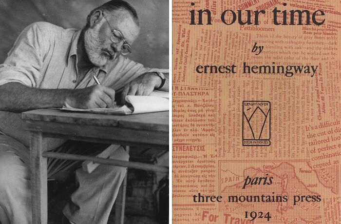 Ernest Hemingway writing and a In Our Time book cover 