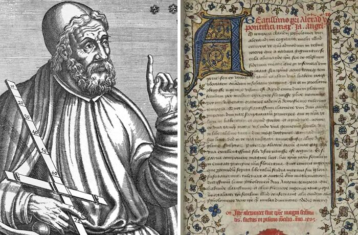 Claudius Ptolemy pointing fingers and Geographia Cosmographia book cover 