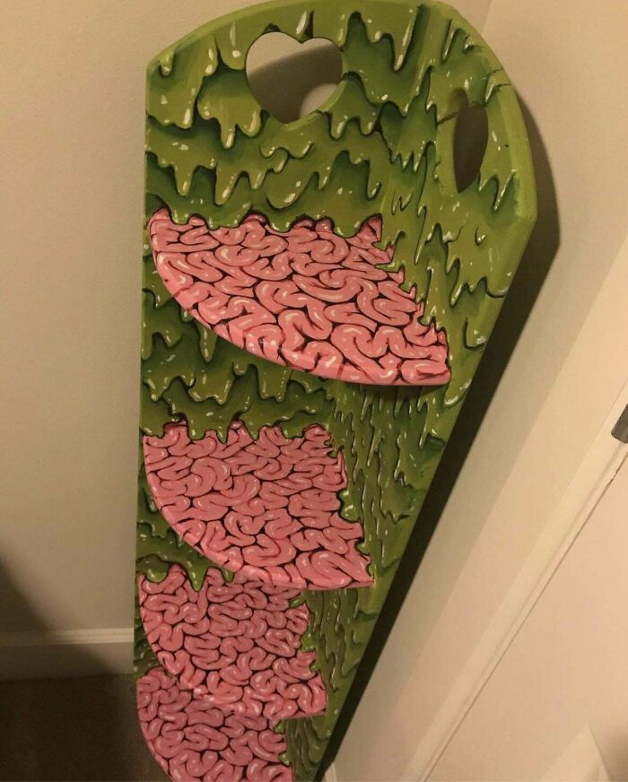 I’m Somewhat New To Reddit But I Was Told My Art Would Be Appreciated Here. These Are Some Slimy Brain Shelves My Wife And I Painted Together