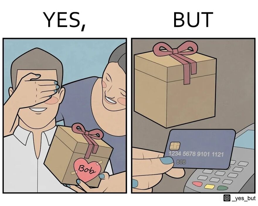Illustration showing society’s contradictions with a gift given by hand versus a credit card transaction.
