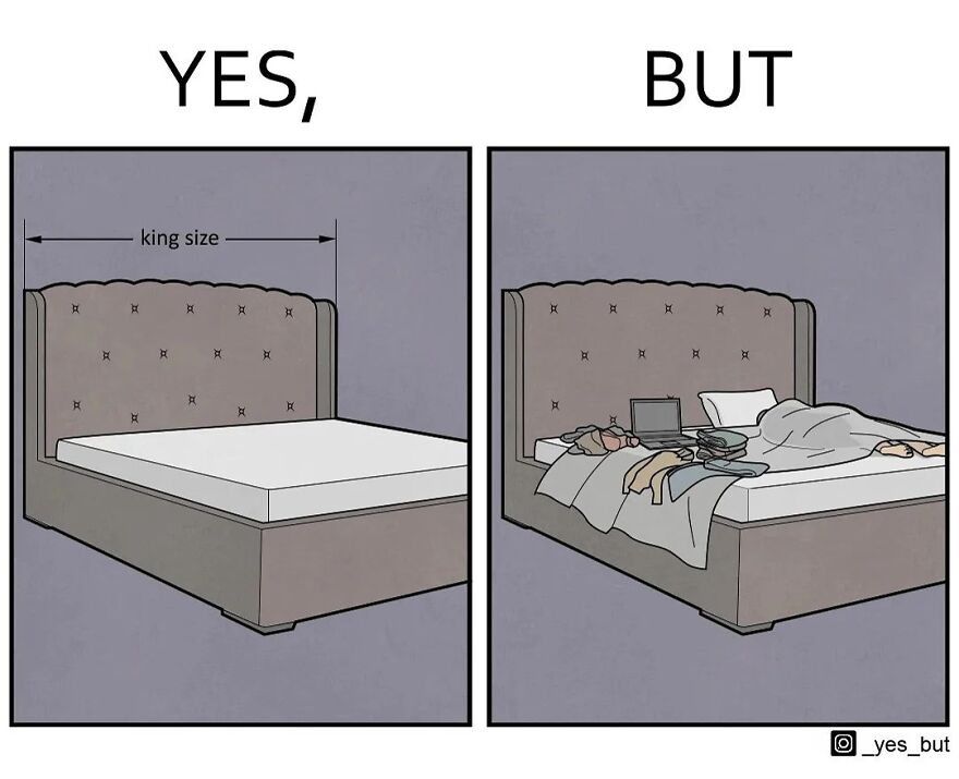 Illustration from Yes But series showing a king size bed, clean on one side and messy with clothes and laptop on the other.
