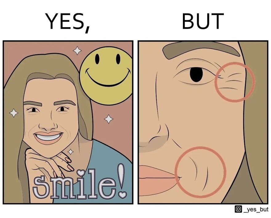 Illustration by Yes But artist showing a smiling woman with hidden wrinkles, highlighting societal contradictions.