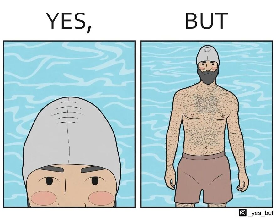 Illustration from Yes But series showing a man in a swimming cap and shorts, depicting society’s contradictions humorously.