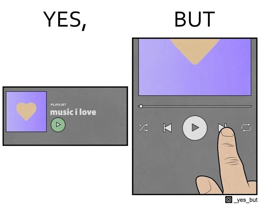 Illustration showing the contradiction of loving music but pressing the next button in a music player interface.