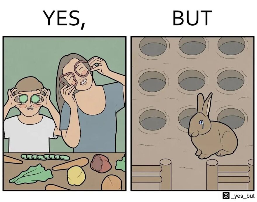 Illustration from Yes But series showing society's contradictions with a woman, child, and a crying rabbit in separate panels.