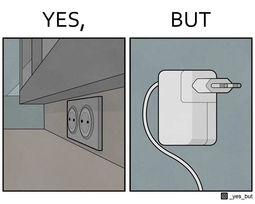 Illustration from Yes But series showing an electrical outlet and a mismatched plug depicting societal contradictions.