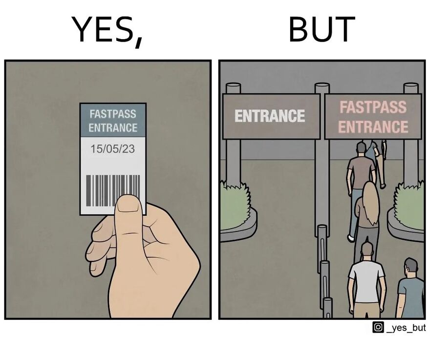Illustration depicting societal contradictions with a fastpass entrance ticket and separate entrance lines.