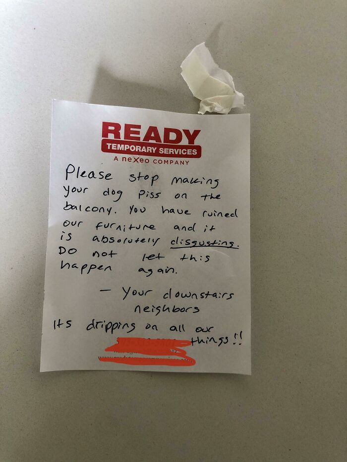 So It Rained Yesterday And I Got This Friendly Note Blaming My Dog For The Rain... Hung With A Command Strip With The Pull Tab Cut Off