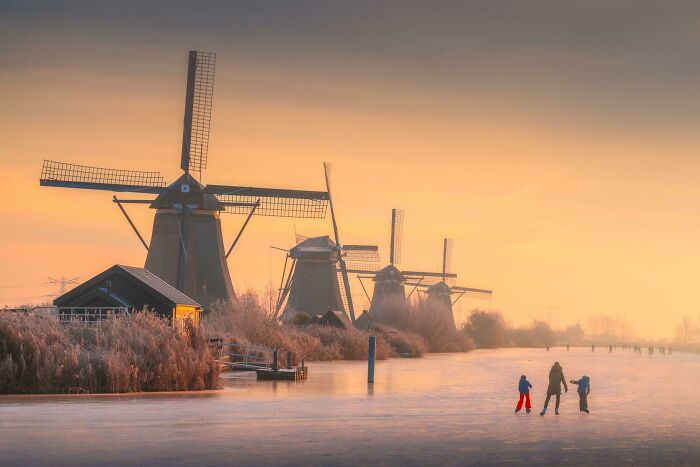 Ice Skating At Kinderdijk, Netherlands