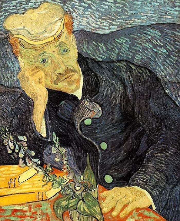Portrait Of Dr. Gachet by Vincent van Gogh, 1890, oil painting that features a man in a dark coat sitting at the table