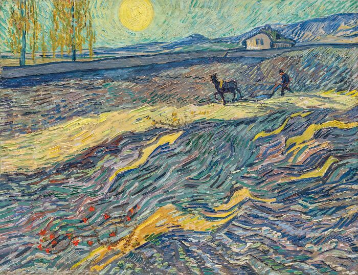 Field With Plowing Farmers by Vincent van Gogh, 1889, oil painting