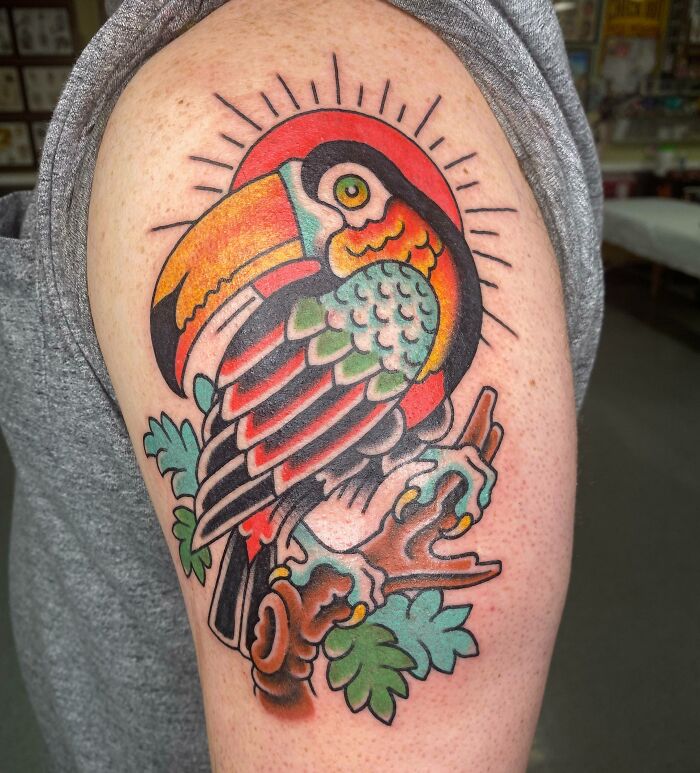 Colorful American traditional tattoo of a toucan on an arm, featuring bold, vibrant hues and classic design elements.