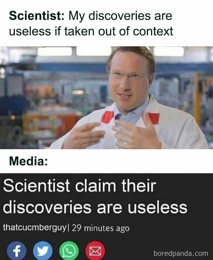 Scientist explaining discoveries in a lab contrasted with a misleading media headline in a science meme.