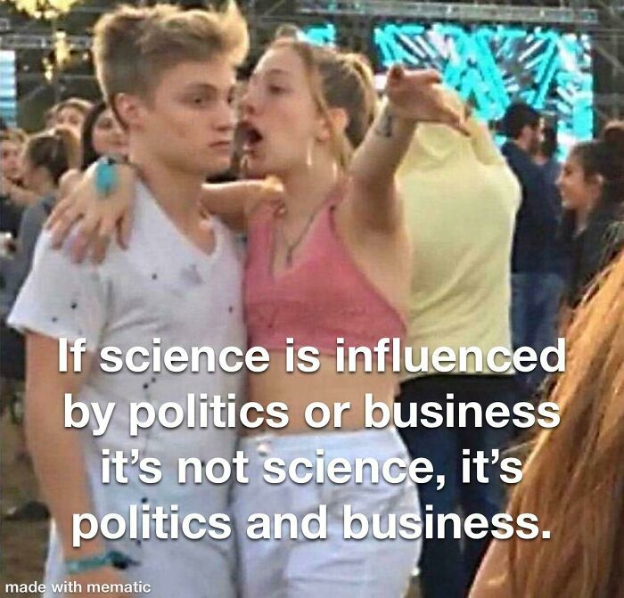 Young people at a crowded event with a science meme about politics and business influencing science, combining brains with chuckles.