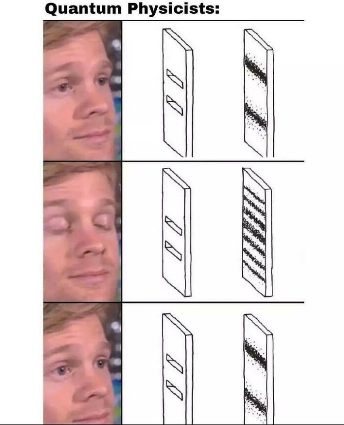 Man reacting to quantum physics double slit experiment diagrams in a science meme combining brains with chuckles.