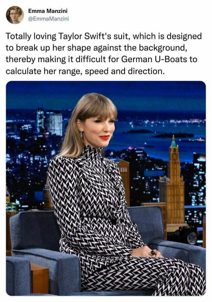 Tweet about Taylor Swift's suit pattern that disrupts shape recognition, paired with a science meme uniting brains with chuckles.