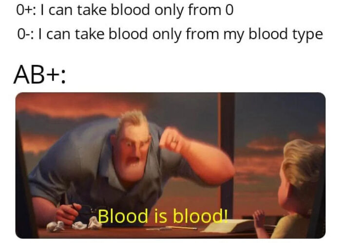 Animated character from The Incredibles angrily saying Blood is blood, highlighting a science meme about blood types.