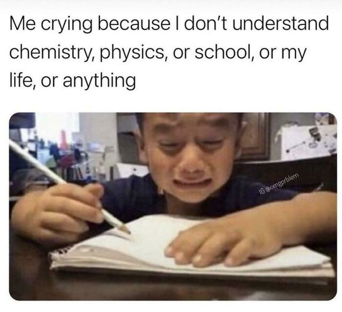 Child struggling with schoolwork, crying and holding pencil, illustrating relatable science memes about chemistry and physics frustration.