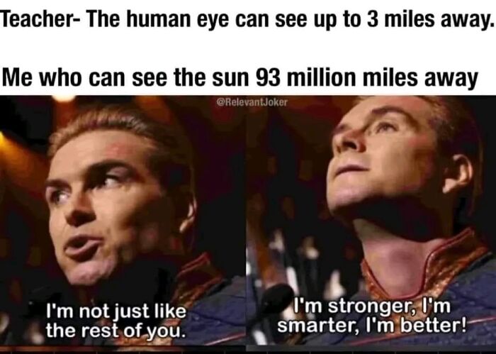 Man confidently looking up with captions about human eye vision and a science meme uniting brains with chuckles.