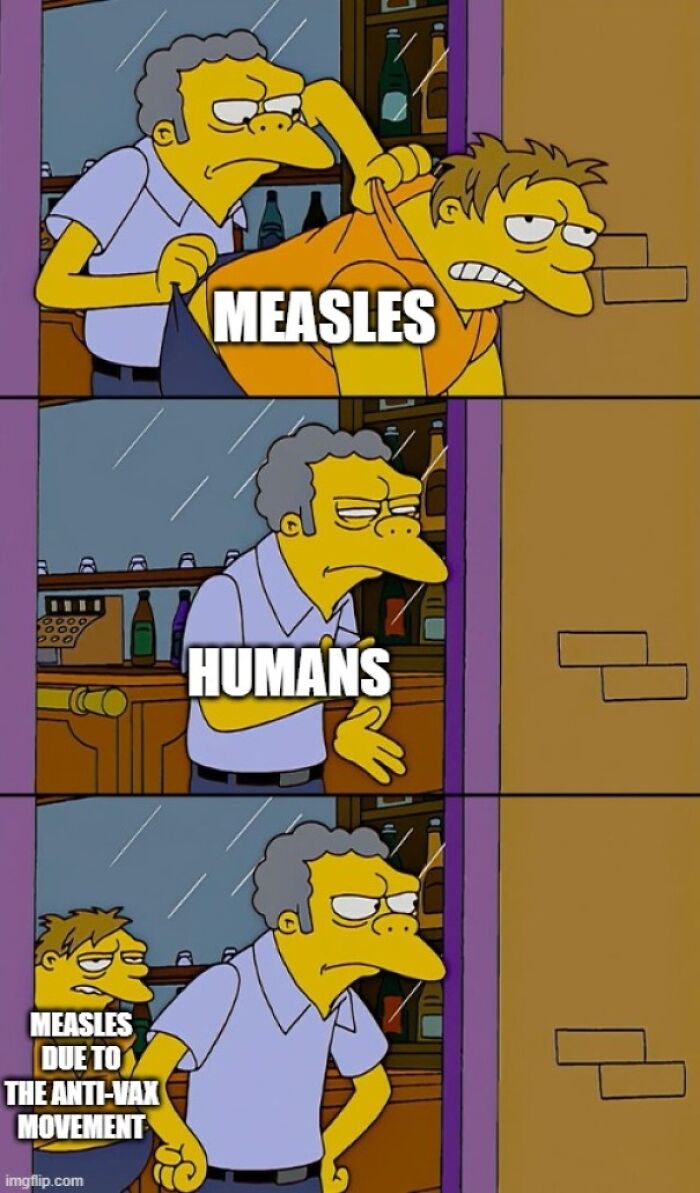 Moe from The Simpsons representing science memes humorously linking measles, humans, and the anti-vax movement.
