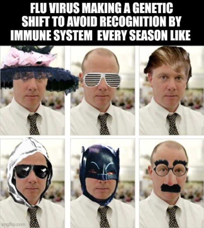 Man wearing various funny hats and masks in a science meme illustrating flu virus genetic shifts for immune system evasion.