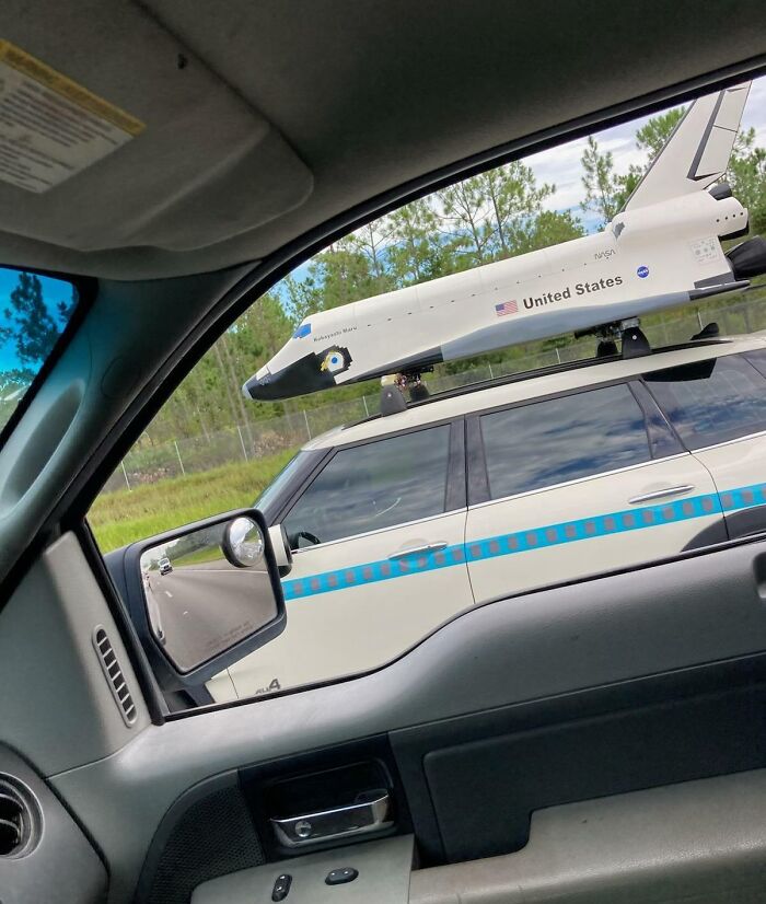 This Mini Cooper On The Highway Today Had A Space Shuttle Attached To The Roof