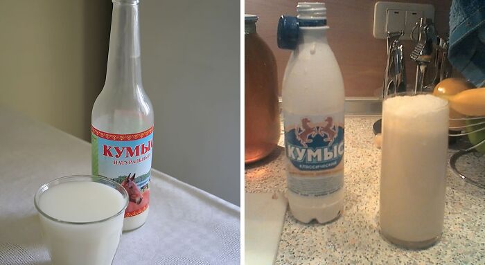 a bottle of kumis with the glass nearby