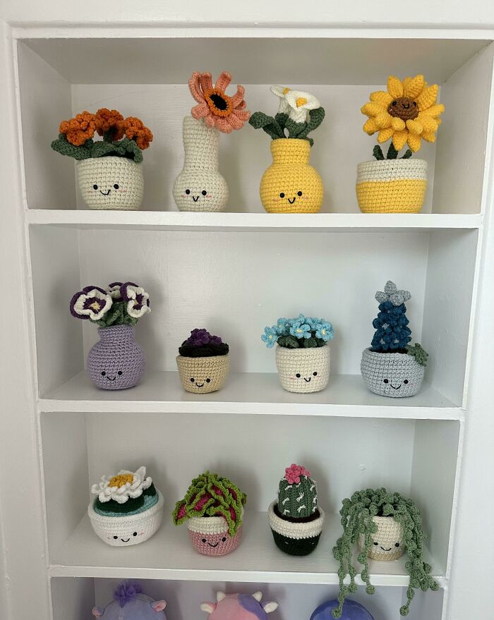 My Little Shelf Display Of Plants! (All Patterns From Kawaii Crochet Garden By Melissa Bradley)