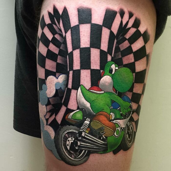 Optical illusion tattoo with a cartoon dinosaur on a motorcycle, set against a checkered warp background.
