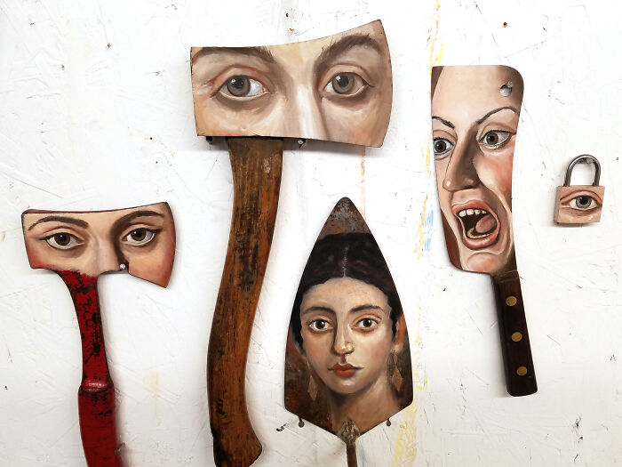 A Wall Of Surreal Faces On Axes Cleavers And Other Tools