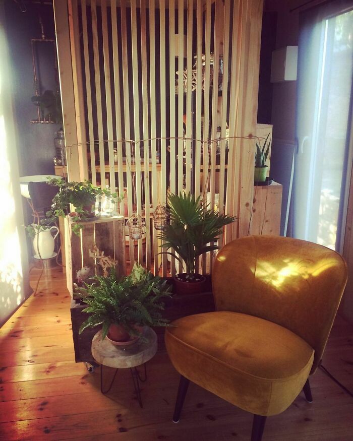 Yellow chair next to green plants in a cozy corner showcasing tiny house designs and interior decor ideas.