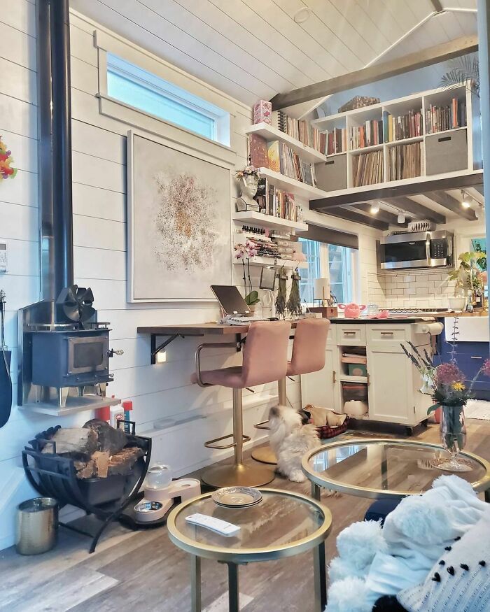 Cozy tiny house interior with wood stove, modern kitchen, and stylish decor, featuring bookshelves and a small dog lounging.