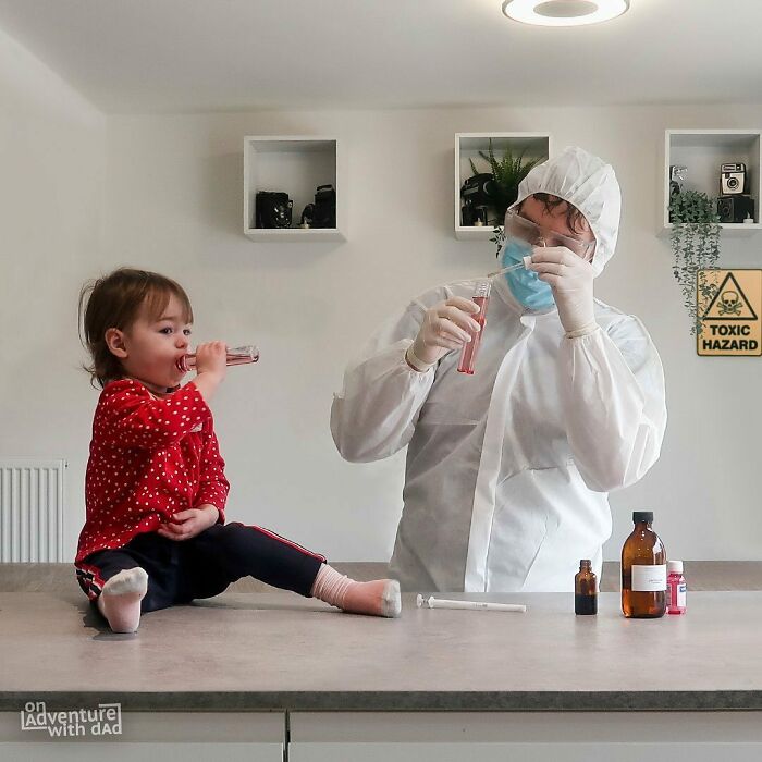 Today Dad Is Experimenting With A Radioactive Chemistry Project. I Asked Him If I Could Help, So He Gladly Took Me Along. This Is How Superheroes Are Born, Isn’t It?