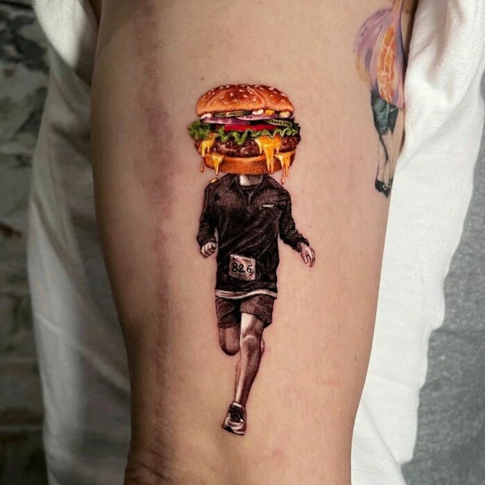 Watercolor tattoo of a runner with a burger head, showcasing creative food tattoo ideas.