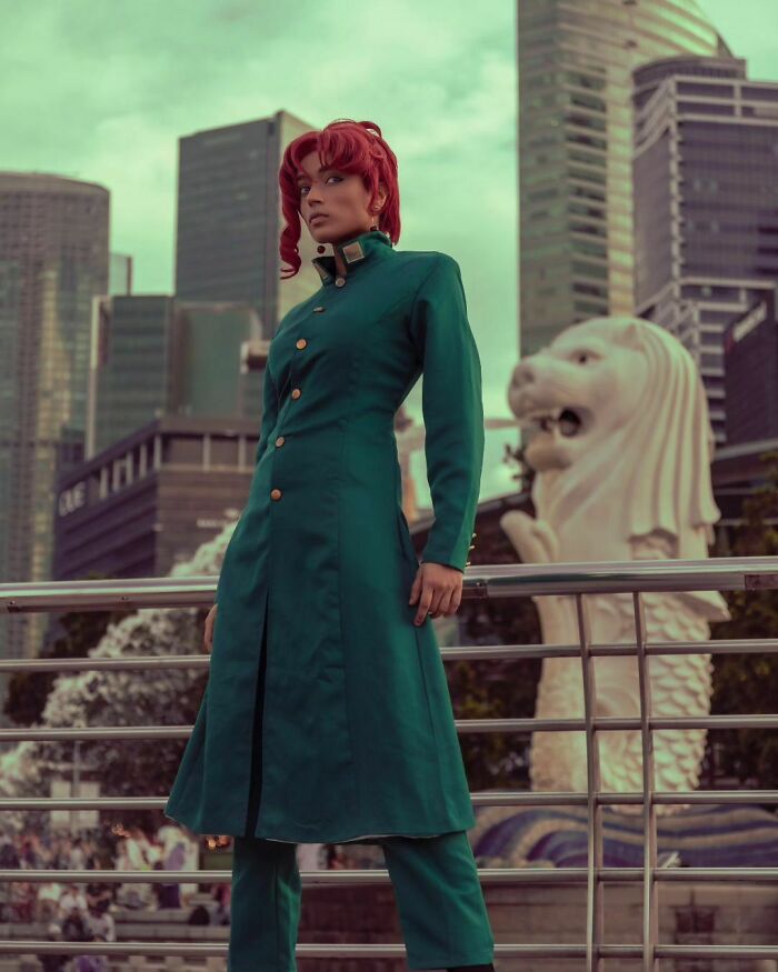 Person cosplaying Noriaki Kakyoin from Jojo's Bizzare Adventure