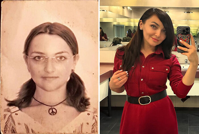 Side-by-side photos showing an ugly duckling transformation of a woman with glasses and pigtails into a confident woman in a red dress.