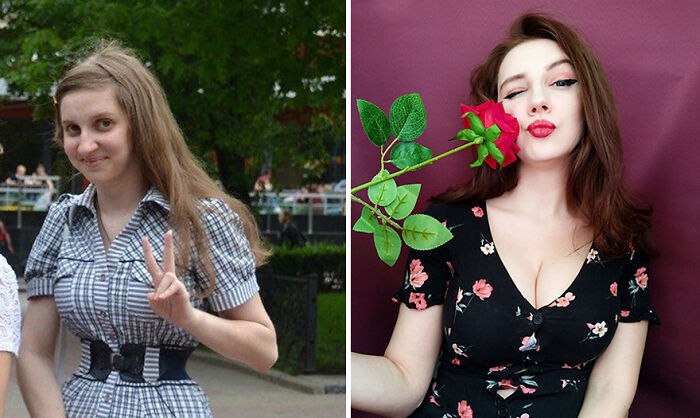 Before and after ugly duckling transformation of a woman showing a stylish and confident new look with makeup and outfit change.