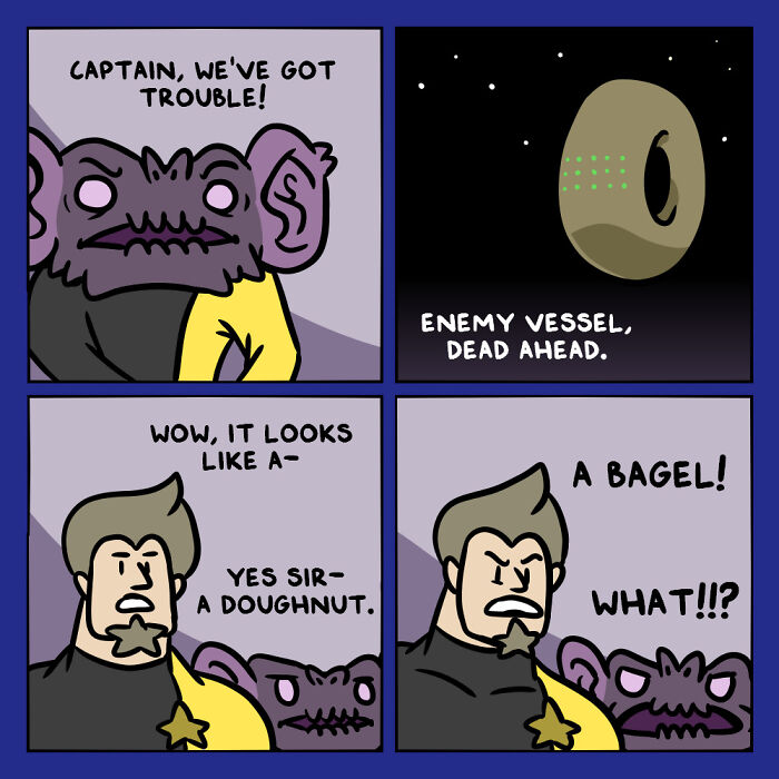 Comic strip showing humans and aliens working together on a spaceship, humorously mistaking an enemy vessel for a bagel.