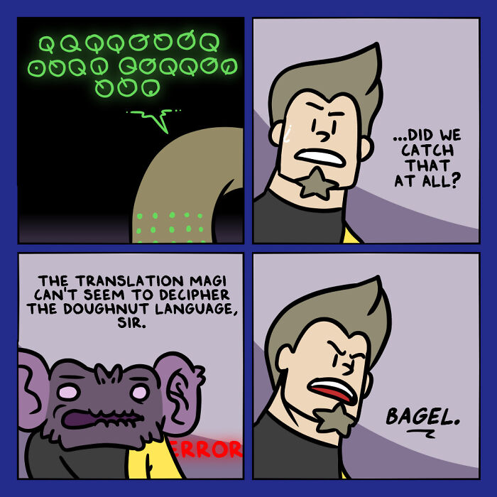 Comic panels showing humans and aliens working together, struggling to translate an alien doughnut language humorously.