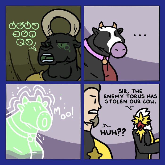 Comic panels showing humans and aliens communicating, with a glowing cow and a report about an enemy torus stealing the cow.